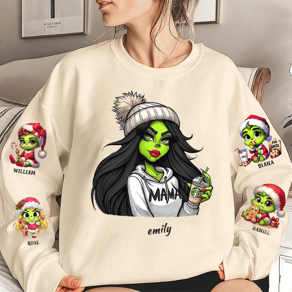 Custom Christmas MAMA Sweatshirt Gift with Kid's Names on the Sleeve