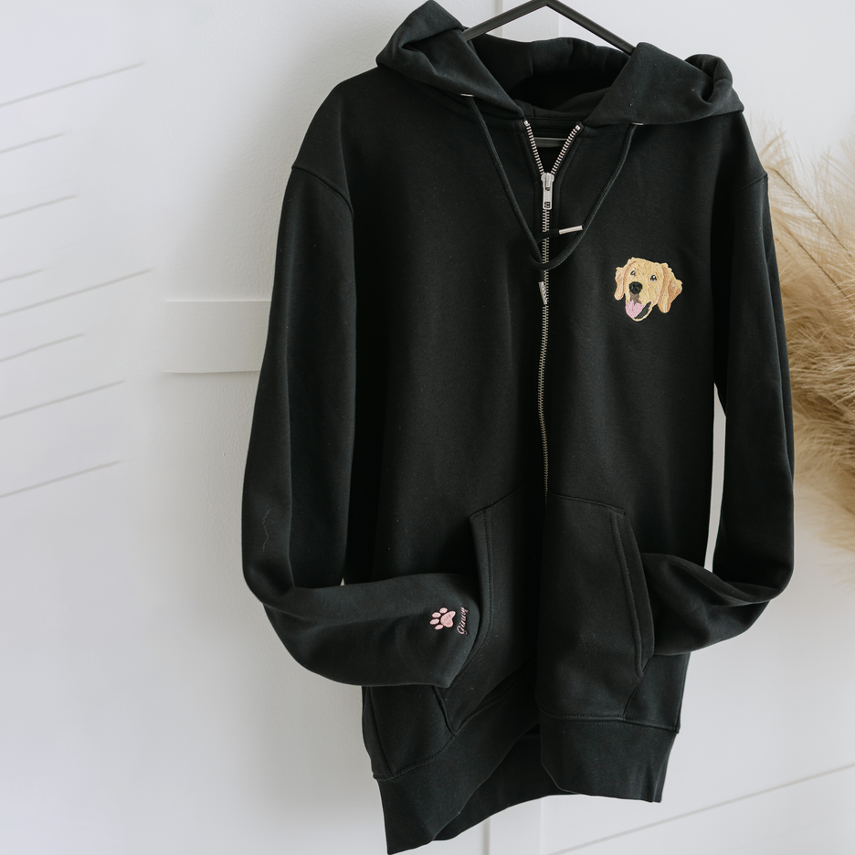 Embroidered Pet Portrait Organic Zip up Hooded Sweatshirt