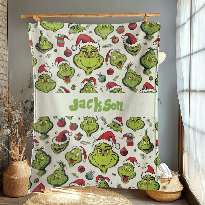 Custom Grinch Christmas Soft Cozy Sherpa Fleece Throw Blanket