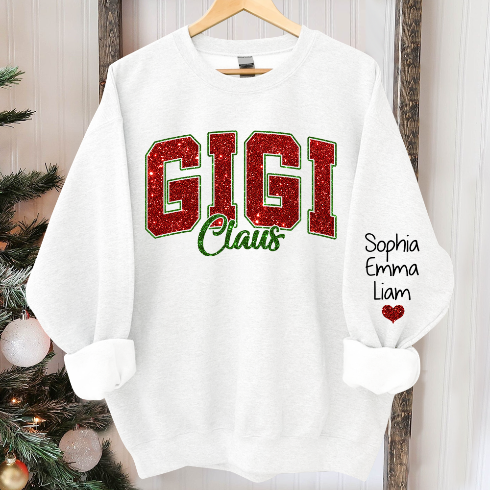 Glitter Gigi Claus Christmas Sweatshirt With Grandkids, Custom Glitter Grandma Nickname Sweatshirt Hoodie