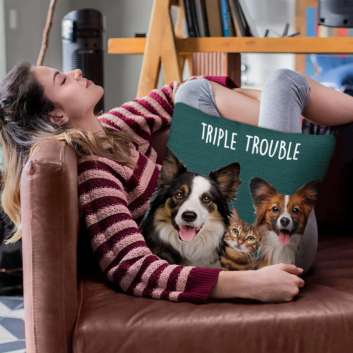 Personalized 1-6 Dog Cat Photos Collage Trouble Maker Soft Throw Pillow Cover Home Decor Birthday Gift for Pet Lover