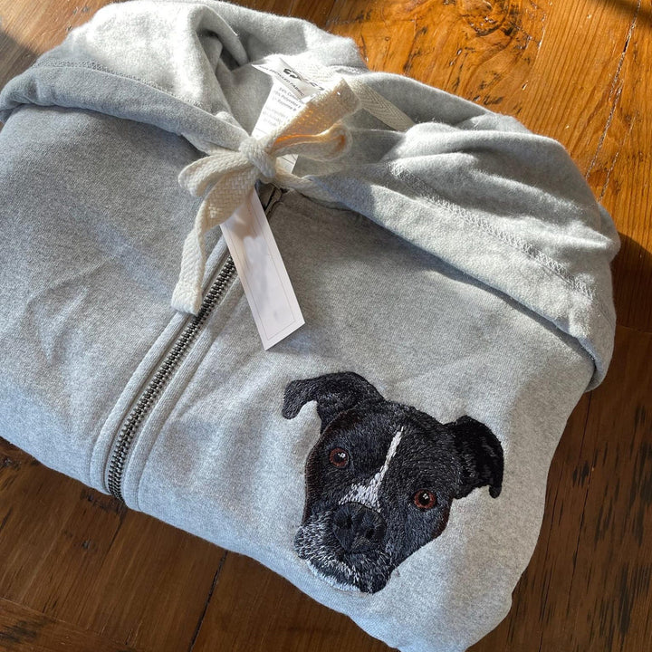 Custom Embroidered Pet Portrait Hooded Zip Up Sweatshirt __ on High Quality Hoodie