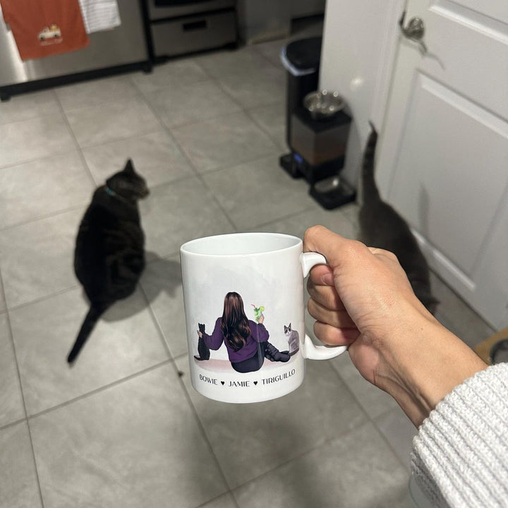 Custom Pet Owner Mug – Personalized with Name, Hair, Sweater Color, and Pets