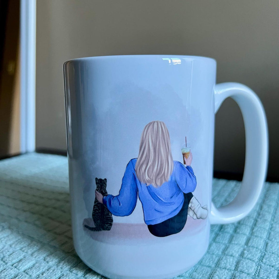 Custom Pet Owner Mug – Personalized with Name, Hair, Sweater Color, and Pets