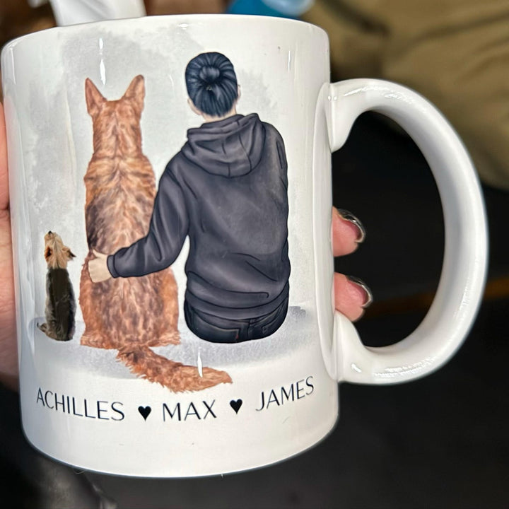 Custom Pet Owner Mug – Personalized with Name, Hair, Sweater Color, and Pets