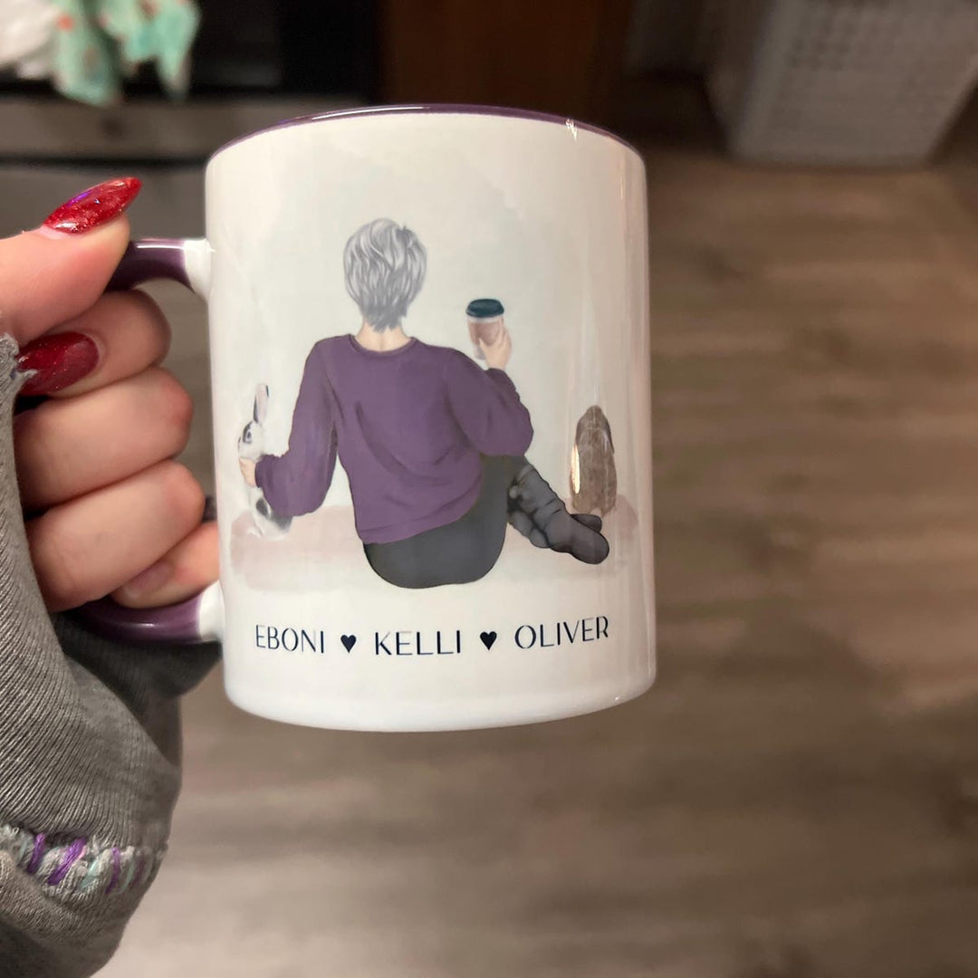Custom Pet Owner Mug – Personalized with Name, Hair, Sweater Color, and Pets