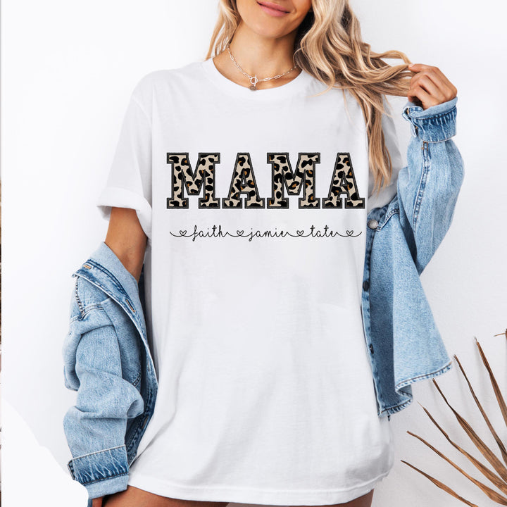 Custom Mama Applique Embroidery T-Shirt with leopard print