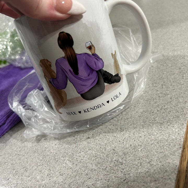 Custom Pet Owner Mug – Personalized with Name, Hair, Sweater Color, and Pets