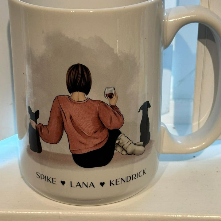 Custom Pet Owner Mug – Personalized with Name, Hair, Sweater Color, and Pets