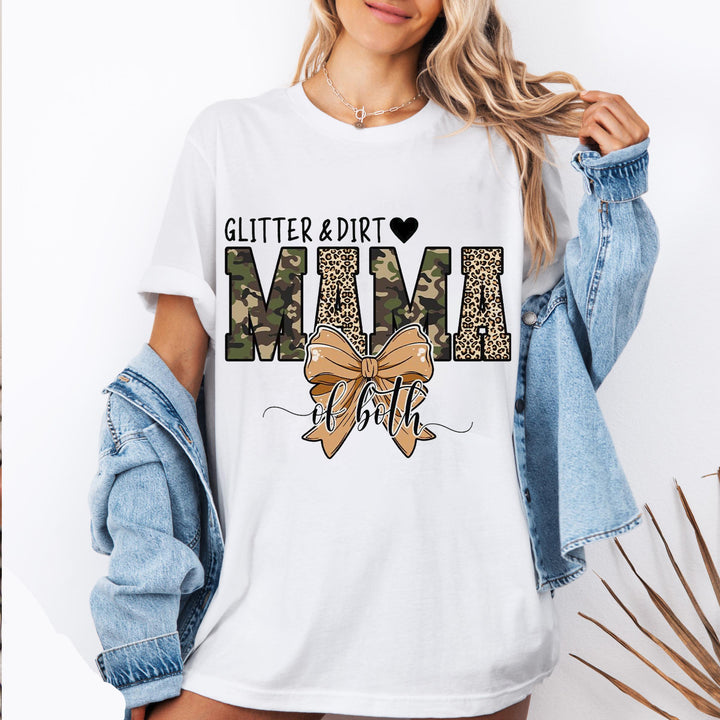 Glitter and Dirt Mama Of Both Camo Coquette Bow T-Shirt