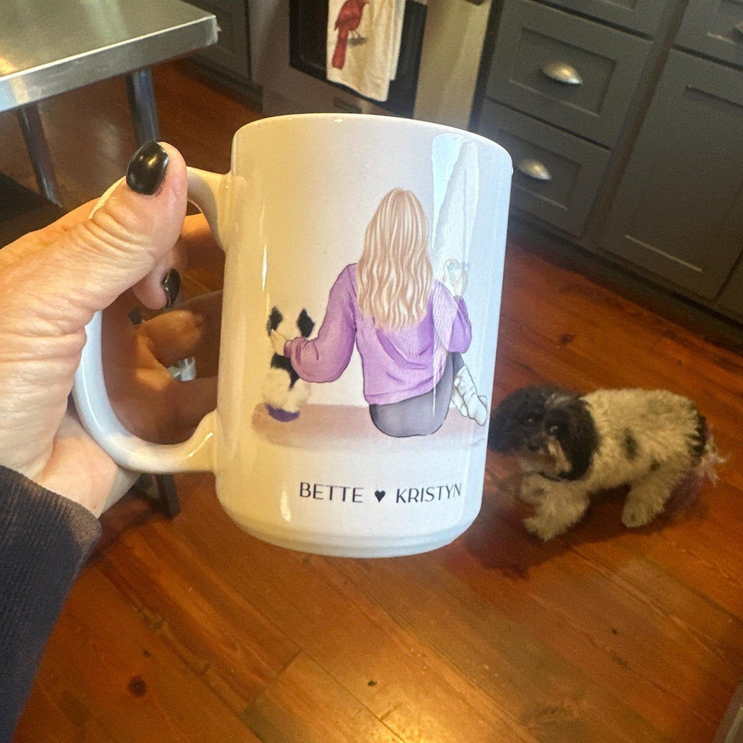 Custom Pet Owner Mug – Personalized with Name, Hair, Sweater Color, and Pets