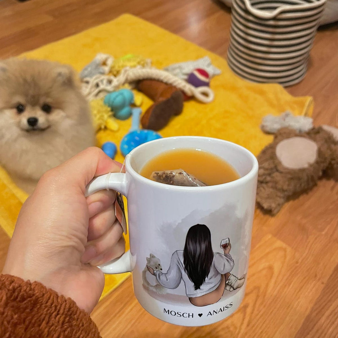 Custom Pet Owner Mug – Personalized with Name, Hair, Sweater Color, and Pets