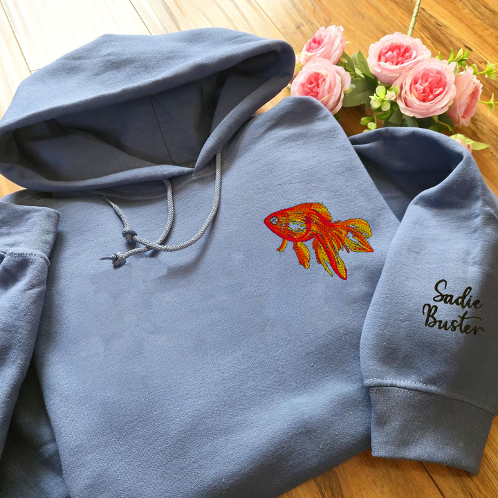 Fish Embroidered Hoodie Goldfish, Custom Embroidered Goldfish Hoodie