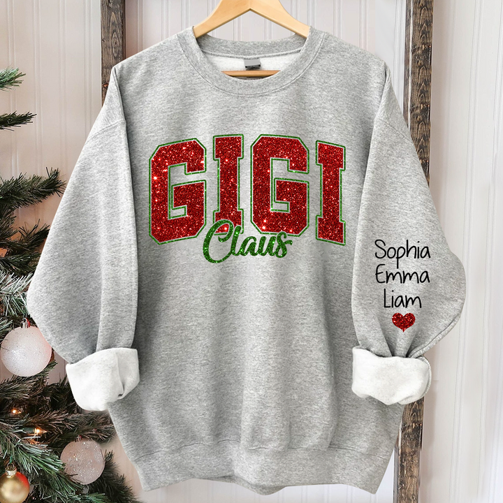 Glitter Gigi Claus Christmas Sweatshirt With Grandkids, Custom Glitter Grandma Nickname Sweatshirt Hoodie