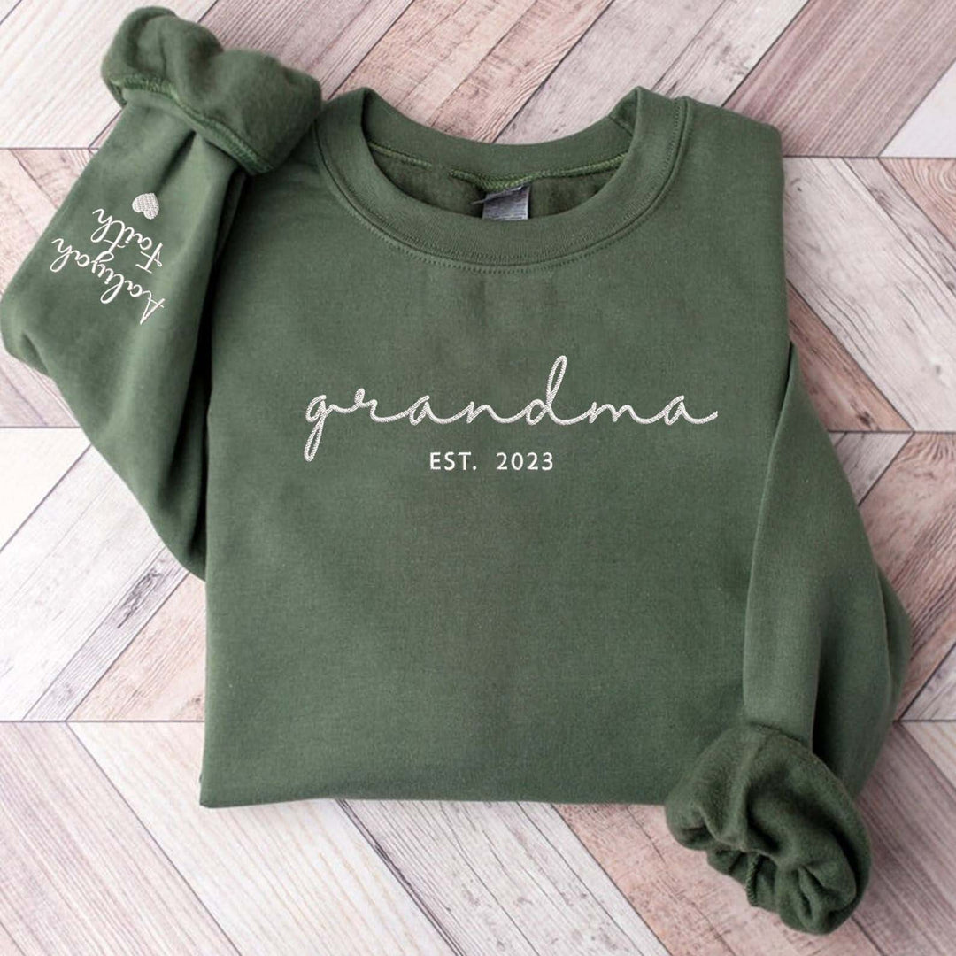 Grandma with Grandkids Names Crewneck, Pregnancy announcement gift