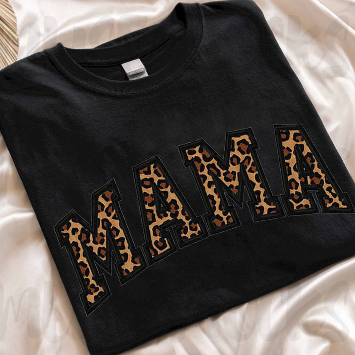 Personalized leopard print Mom Embroidery T-shirt, sleeves can be customized name
