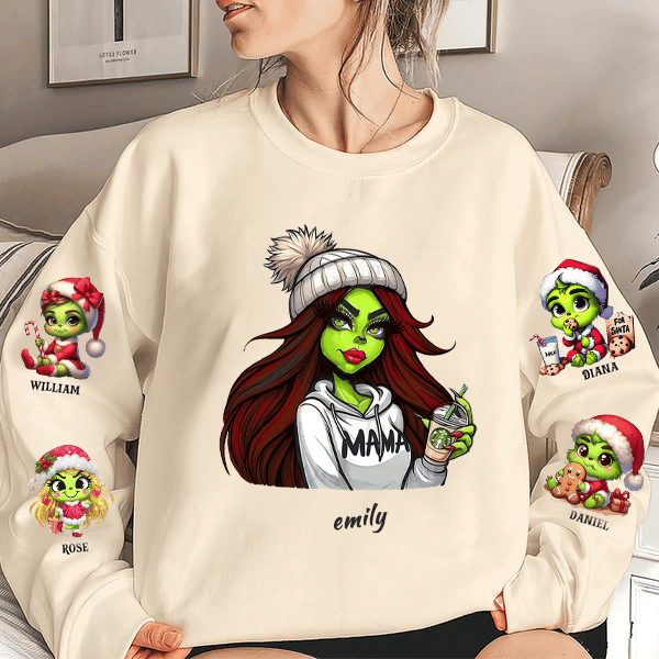 Custom Christmas MAMA Sweatshirt Gift with Kid's Names on the Sleeve