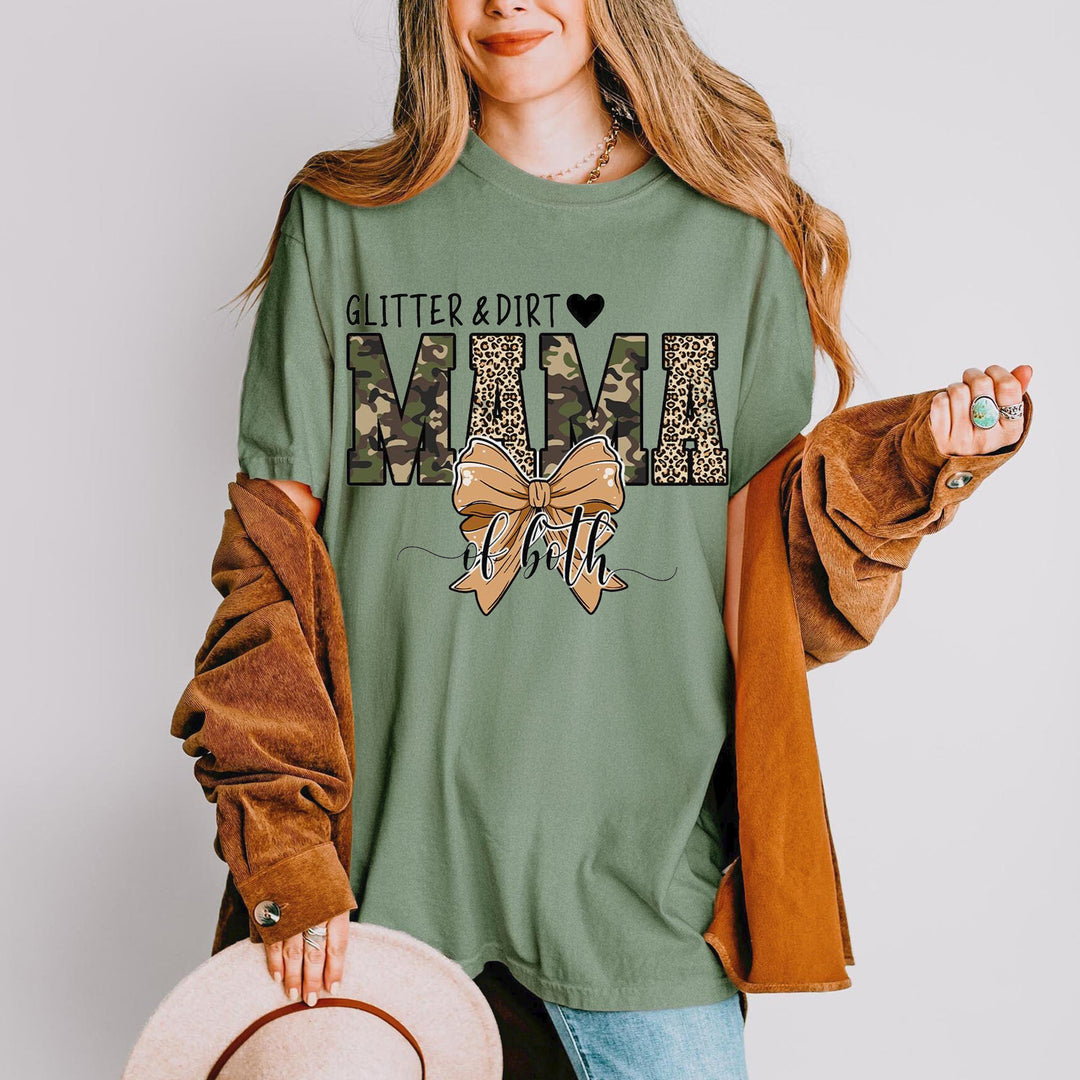 Glitter and Dirt Mama Of Both Camo Coquette Bow T-Shirt