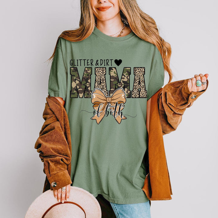Glitter and Dirt Mama Of Both Camo Coquette Bow T-Shirt