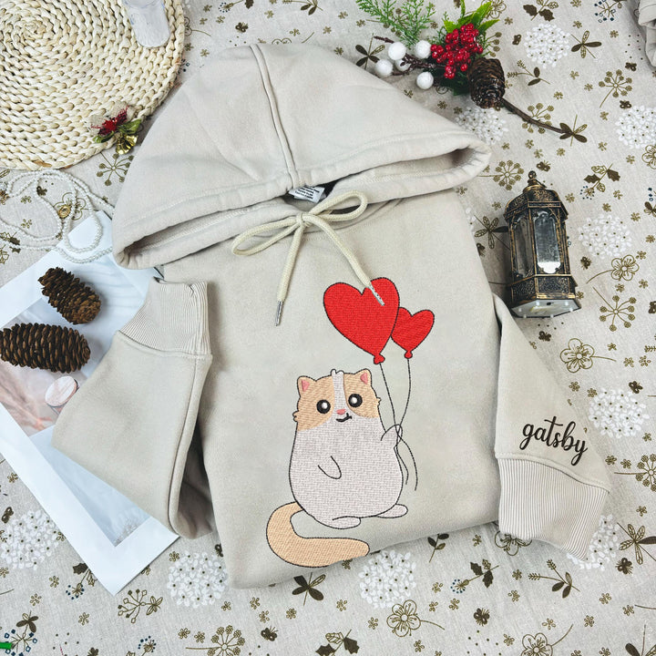Custom Love Balloon Cat embroidery hoodie