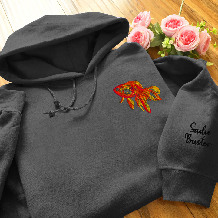 Fish Embroidered Hoodie Goldfish, Custom Embroidered Goldfish Hoodie