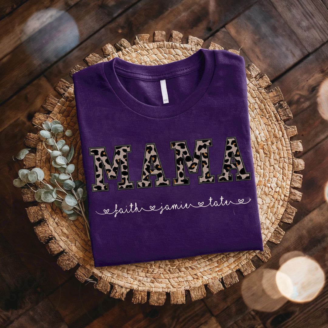 Custom Mama Applique Embroidery T-Shirt with leopard print