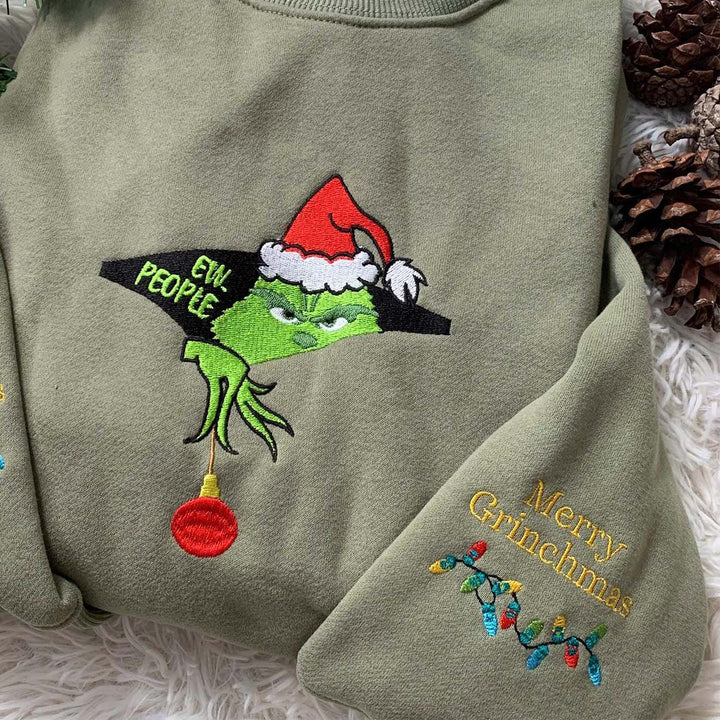 Green Monster Ew People Embroidered Sweaters, Christmas Embroidered Sweatshirt