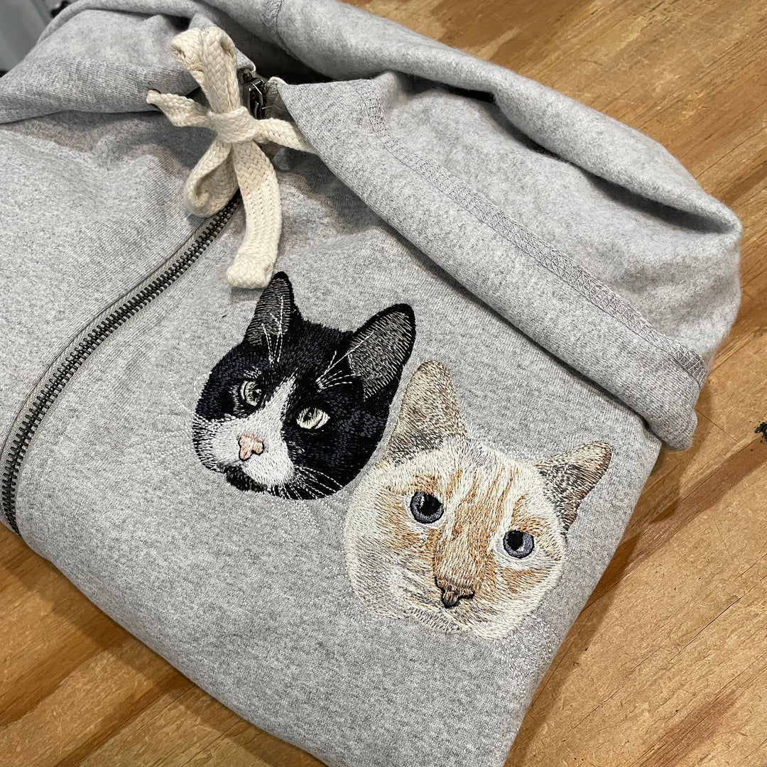 Custom Embroidered Pet Portrait Hooded Zip Up Sweatshirt __ on High Quality Hoodie