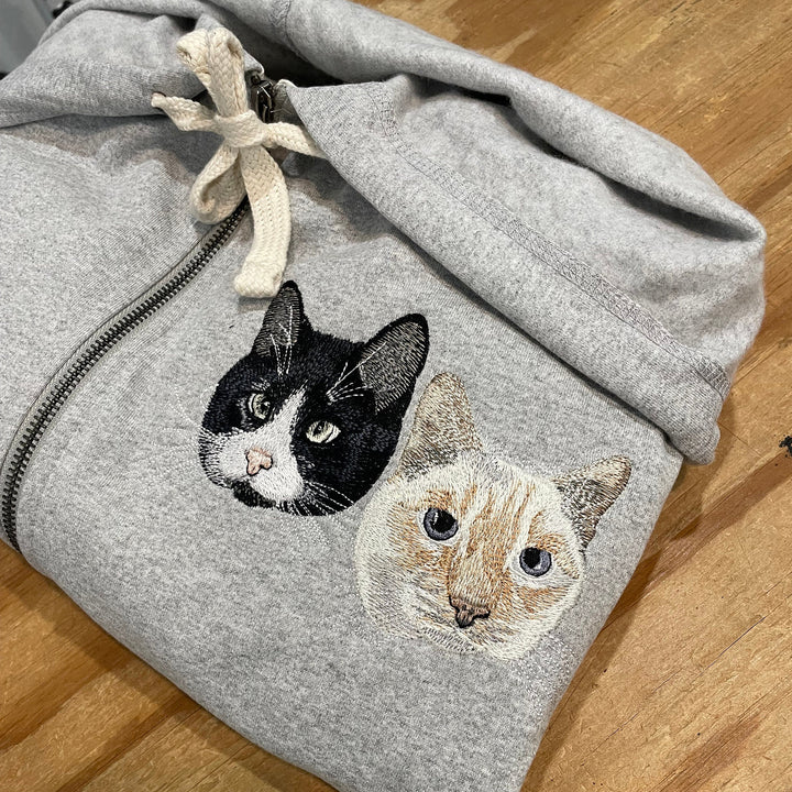 Custom Embroidered Pet Portrait Hooded Zip Up Sweatshirt __ on High Quality Hoodie