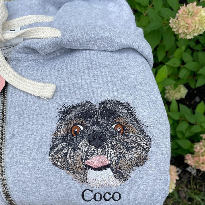 Custom Embroidered Pet Portrait Hooded Zip Up Sweatshirt __ on High Quality Hoodie