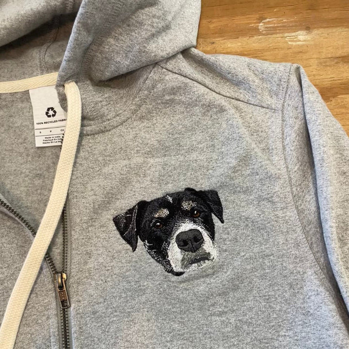 Custom Embroidered Pet Portrait Hooded Zip Up Sweatshirt __ on High Quality Hoodie