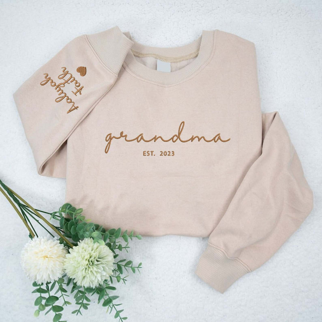 Grandma with Grandkids Names Crewneck, Pregnancy announcement gift