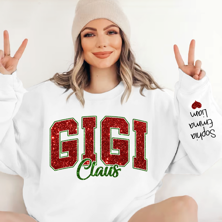 Glitter Gigi Claus Christmas Sweatshirt With Grandkids, Custom Glitter Grandma Nickname Sweatshirt Hoodie