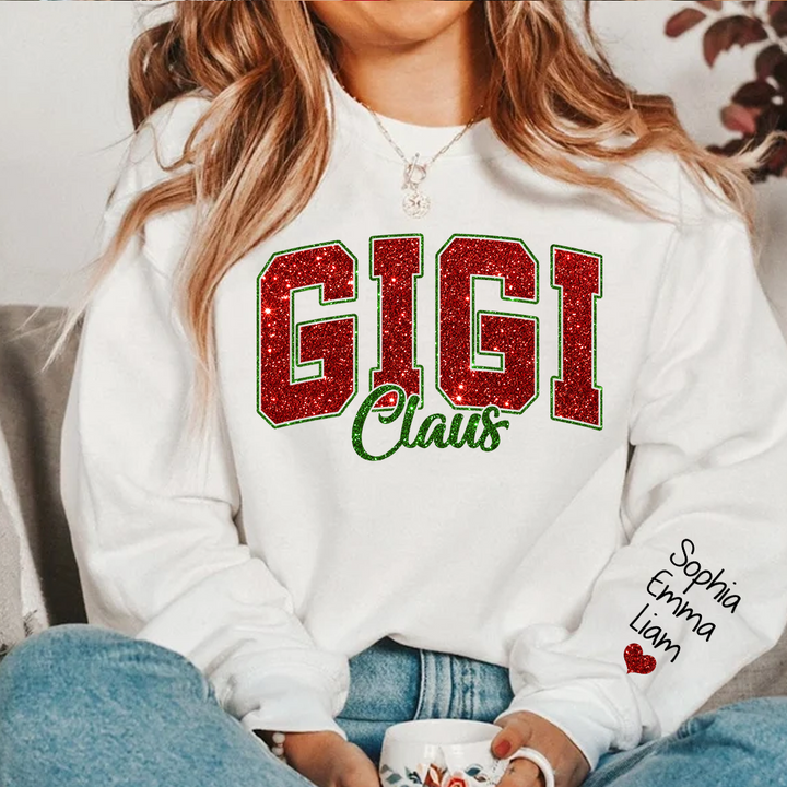 Glitter Gigi Claus Christmas Sweatshirt With Grandkids, Custom Glitter Grandma Nickname Sweatshirt Hoodie