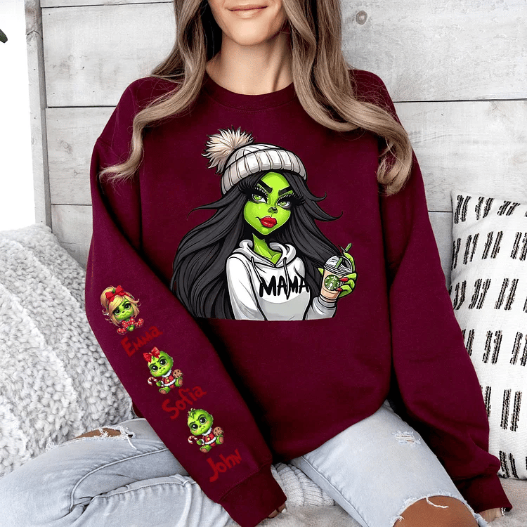 Custom Christmas MAMA Sweatshirt Gift with Kid's Names on the Sleeve