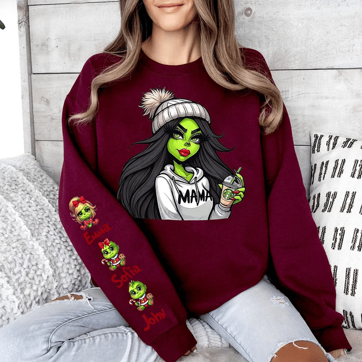 Custom Christmas MAMA Sweatshirt Gift with Kid's Names on the Sleeve