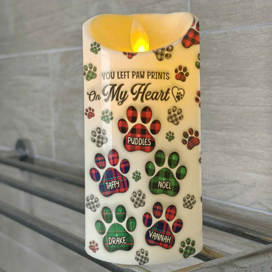 You Left Paw Prints On My Heart - Memorial Personalized Custom LED Candle - Sympathy Gift