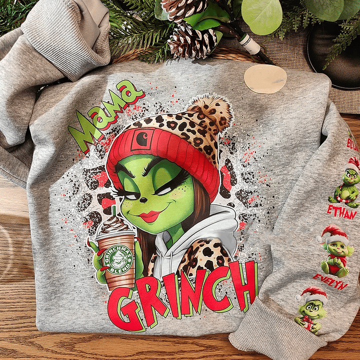 Custom Christmas MAMA Sweatshirt Gift with Kid's Names on the Sleeve