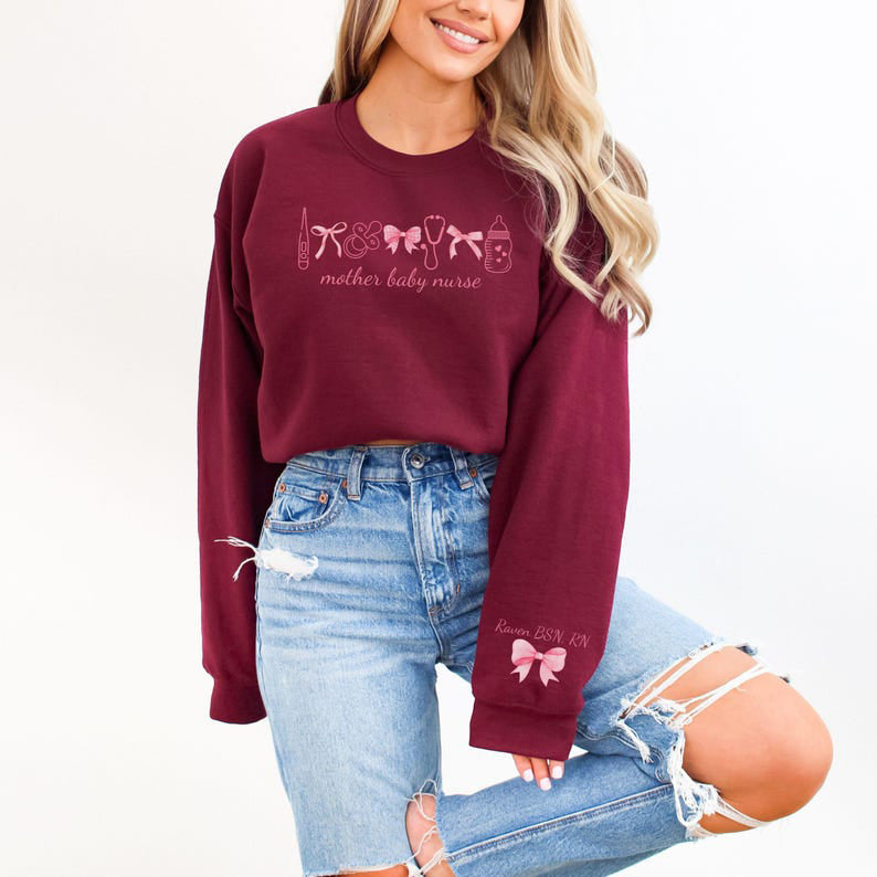 Personalized Mother Baby Nurse Sweatshirt, Custom Postpartum Crewneck Sweatshirt