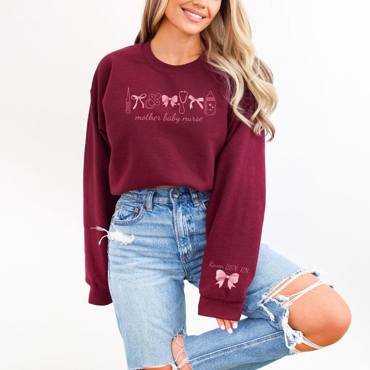 Personalized Mother Baby Nurse Sweatshirt, Custom Postpartum Crewneck Sweatshirt