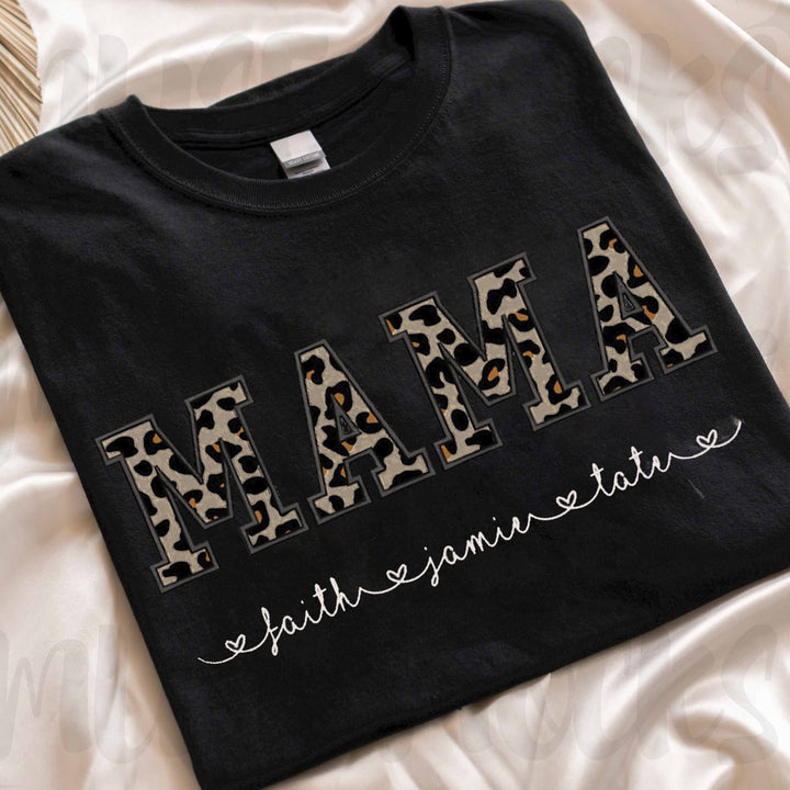 Custom Mama Applique Embroidery T-Shirt with leopard print