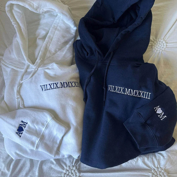 Custom Embroidered Roman Numeral Anniversary Date Couple Hoodies