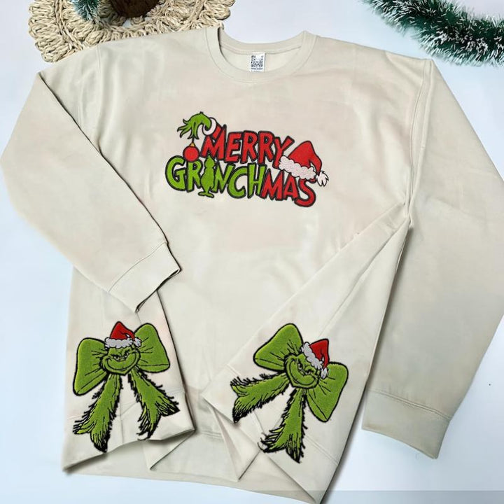 Christmas Hater Side Bow Cut-OutSweatshirt, Side Bow Applique Sweatshirt,Green GuyMerry Sweatshirt,Trendy Side Bow ChristmasShirt