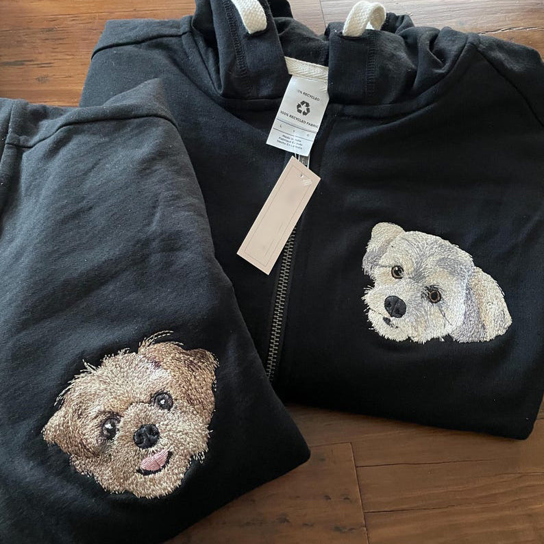 Custom Embroidered Pet Portrait Hooded Zip Up Sweatshirt __ on High Quality Hoodie
