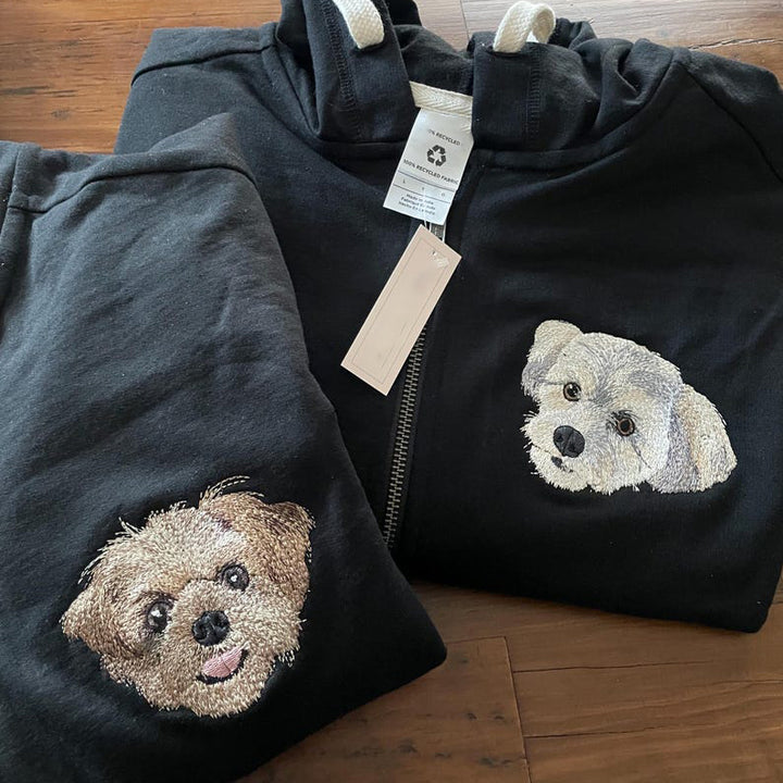 Custom Embroidered Pet Portrait Hooded Zip Up Sweatshirt __ on High Quality Hoodie