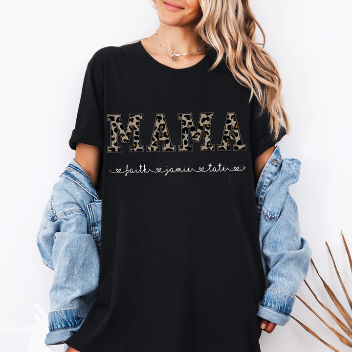 Custom Mama Applique Embroidery T-Shirt with leopard print