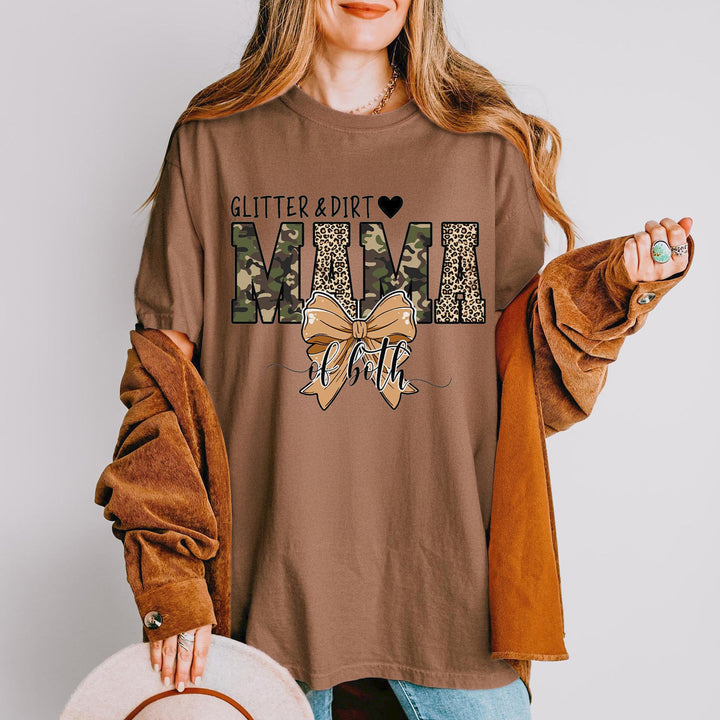 Glitter and Dirt Mama Of Both Camo Coquette Bow T-Shirt