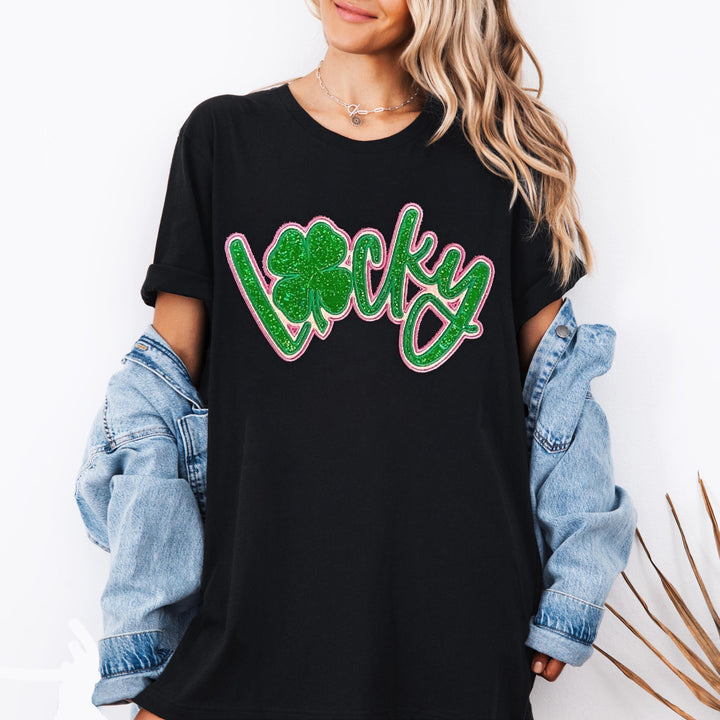 Custom Satin Stitch Lucky Clover Stacked Embroidery T-shirt