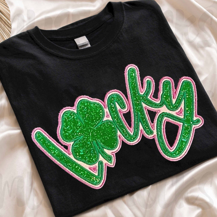 Custom Satin Stitch Lucky Clover Stacked Embroidery T-shirt