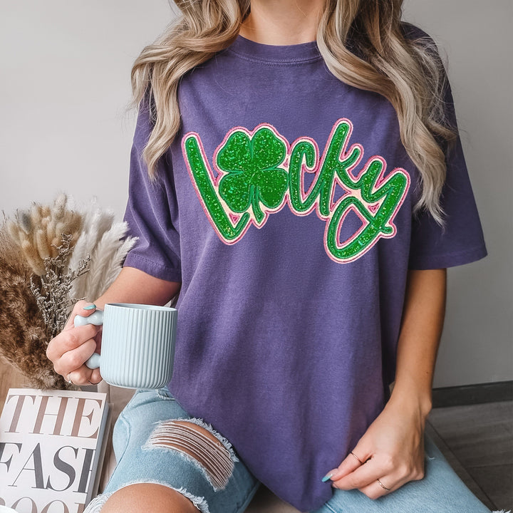 Custom Satin Stitch Lucky Clover Stacked Embroidery T-shirt
